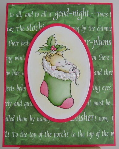 mouse asleep in green stocking