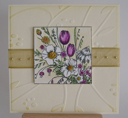 spring bouquet square image on embossed square background with gold ribbon and gold pearls