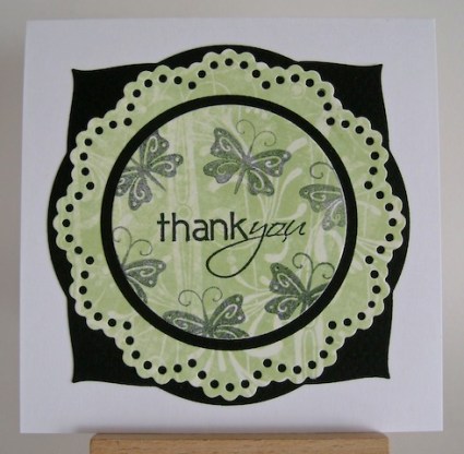 green, black and white thank you card with stamped black butterflies