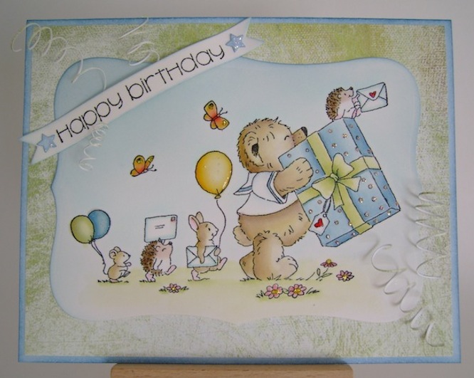 parade of teddy, rabbit, mouse, two hedgehogs carrying balloons and gift