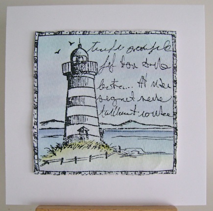 magentalighthouse lighthouse in black and white against a blue wash on white square card base