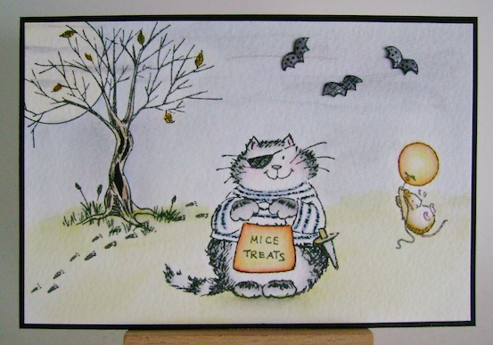 micetreats a card with a halloween scene of spooky tree, bats, pirate cat and balloon flying mouse