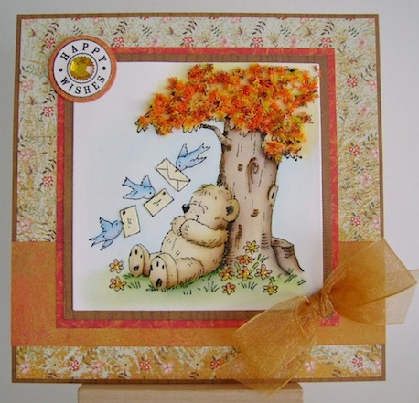 pbatallsortsoctober teddy sitting under a fall tree with three bluebirds delivering cards to him for his birthday