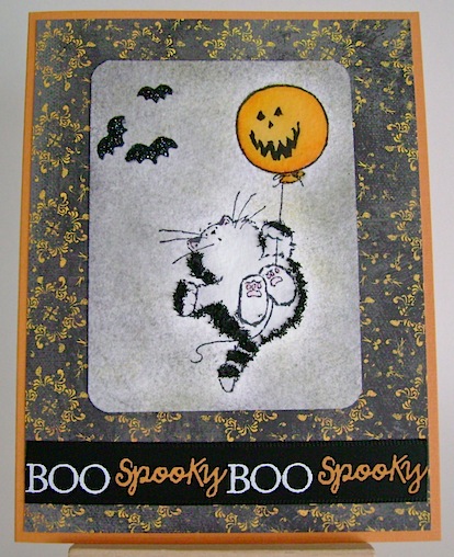 pennyblackflowersoftboo card with scared black cat hanging on to jack o lantern balloon with three bats nearby