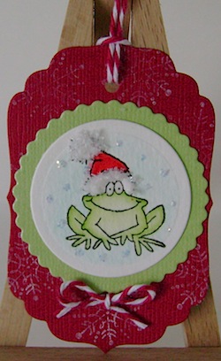 frogtag christmas tag featuring frog with red and green trim