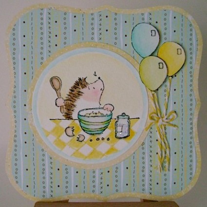hedgiebday birthday card featuring hedgie and three balloons in blue, green and yellow