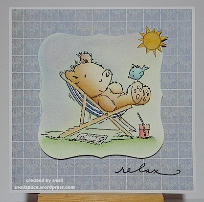 deckchairteddyjan172012 card with teddy relaxing in a deck chair with a bluebird on his foot and sun shining