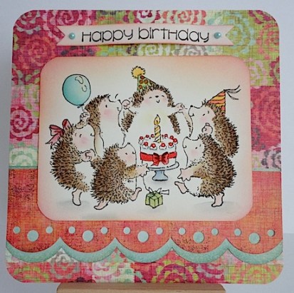hedgiebdayjan192012 card featuring hedgies in a circle with cake and party hats and balloon