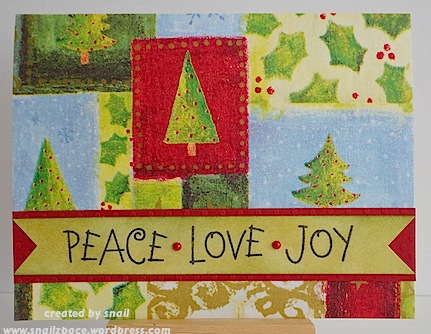 jbellesjan2012 christmas card with patchwork background and peace love joy sentiment