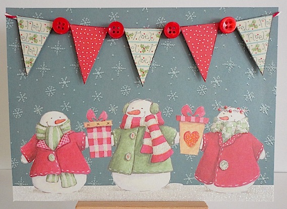 buttonedup card with three snowmen and pennant banner with red buttons