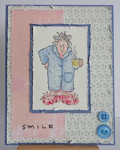 card with grumpy lady holding a smiley mug