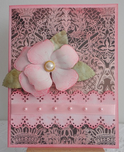 card with pink magenta dogwood flower on pink and brown lace paper