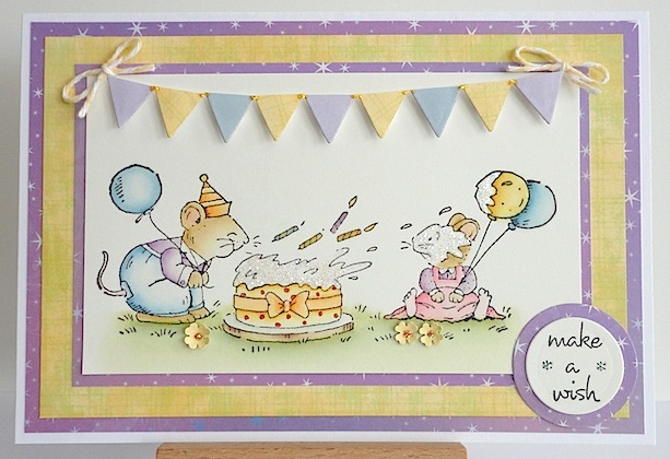 pbandmore0412 birthday card with two mice, one blowing candles out and another with balloons in yellow, blue and purple colours