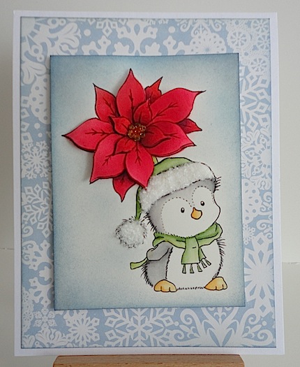 picklemar2012 christmas card featuring a penguin holding a red poinsettia