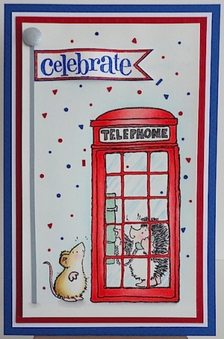card with penny black london calling image and confetti in red, blue and white