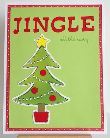 recycled christmas card with tree and sentiment jingle all the way