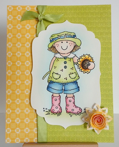 card in greens and yellows with molly blooms image and rolled flower