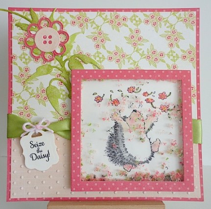 shakingitup shaker card in pink and green with penny black hedgie and flower soft