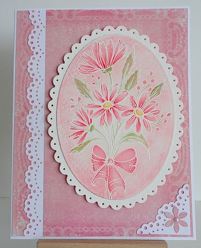 magenta pink card with pink daisies and white trim