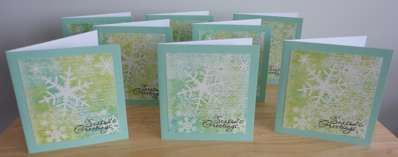 rudolphdayjune2012set set of 8 christmas cards in blue and green with white snowflakes and season's greetings sentiment