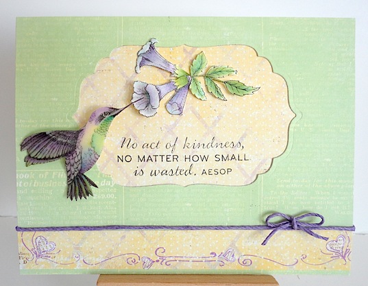 FlourishesBBBJuly2012 card with Flourishes hummingbird in purple and green with purple trumpet vine flower