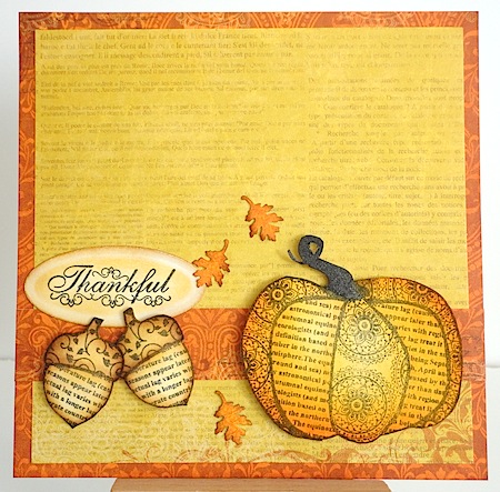 card with pumpkin, acorns, oak leaves and thankful sentiment