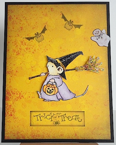 pennyblackhalloweenmouse card with mouse witch, two bats, one ghost and trick or treat sentiment
