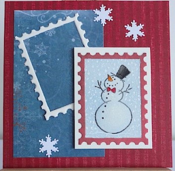 three inch christmas card in red and blue with snowman and snowflakes