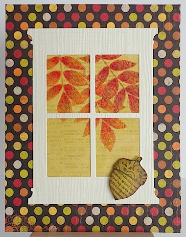 autumn card with window and fall leaves in the background with polka dot base in fall colours
