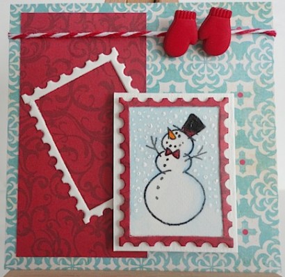 snowmanstamptwo winter snowman card with positive and negative stamp, twine and two red mitten buttons