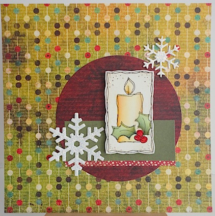 christmas card with magenta candle stamp in reds and greens