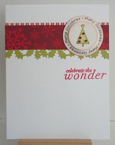 pennyblackcelebratethewonder clean and simple christmas card in reds and greens with tree, merry christmas circle sentiment and celebrate the wonder sentiment