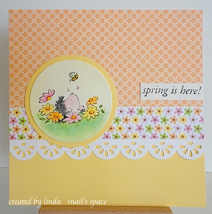 spring card with hedgehog peeking out of the ground and looking up at a tiny bee