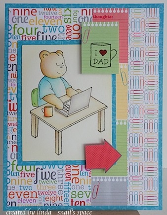 card with teddy bear sitting at computer desk with mug and stationery print background paper along with a mug and sentiment that says i heart dad