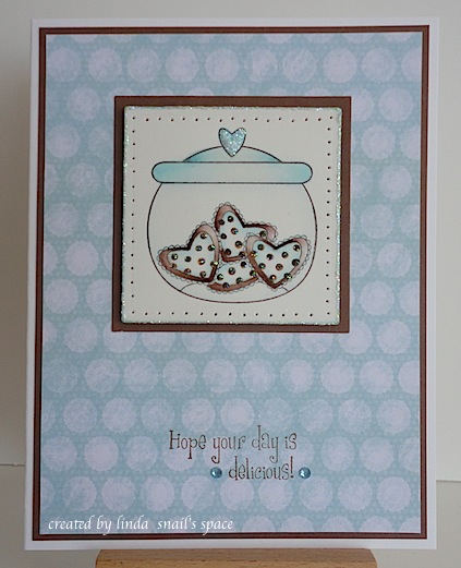 card in blue and chocolate brown with jar of heart shaped cookies and hope your day is delicious sentiment