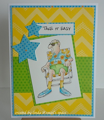 masculine card in yellow, blue and green with older man sitting in lawn chair and a take it easy sentiment