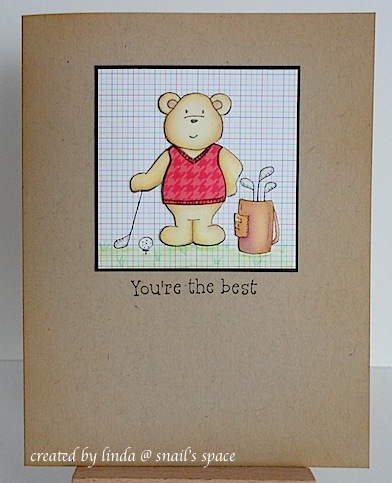 card with teddy bear in golf clothes with golf equipment and a you're the best sentiment