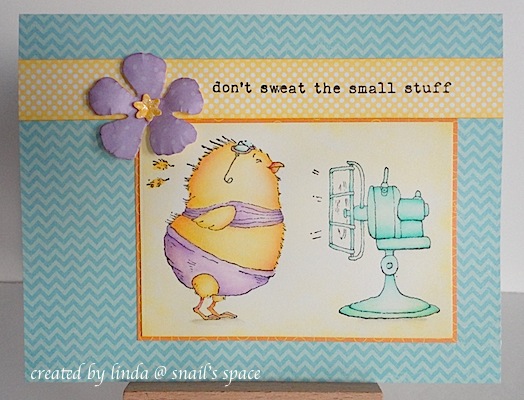 copyright linda @ snailzpace.wordpress.com and described here for people with disabilities; a yellow chick standing in front of a turquoise fan to cool off, wearing a purple bikini with don't sweat the small stuff sentiment