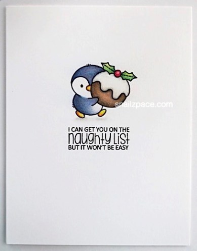 penguin with plum pudding on a Christmas card copyright linda snailzpace.com