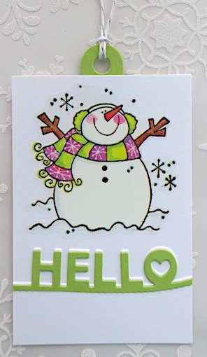 snowman tag in green and violet copyright linda snailzpace.com