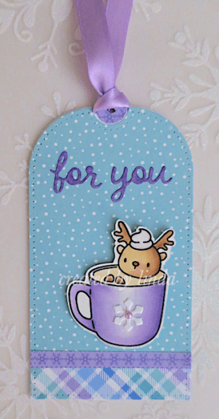 tag featuring reindeer in a coffee cup copyright linda snailzpace.com