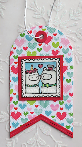 christmas tag with llama couple and heart background paper in red, pink and green
